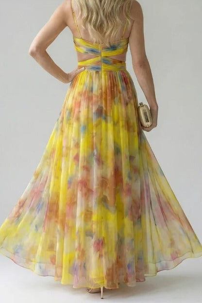 Abstract Chiffon Cutout Backless Maxi Dress LavishDaily