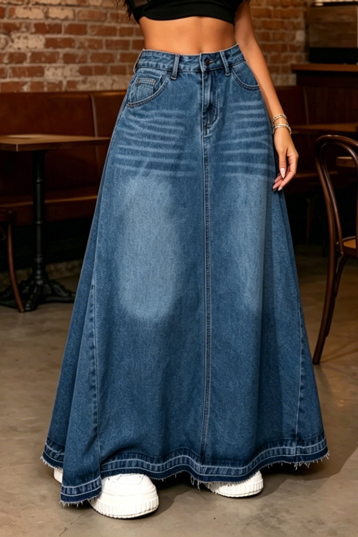 Raw-Hem A-Line Denim Maxi Skirt Lavish Daily