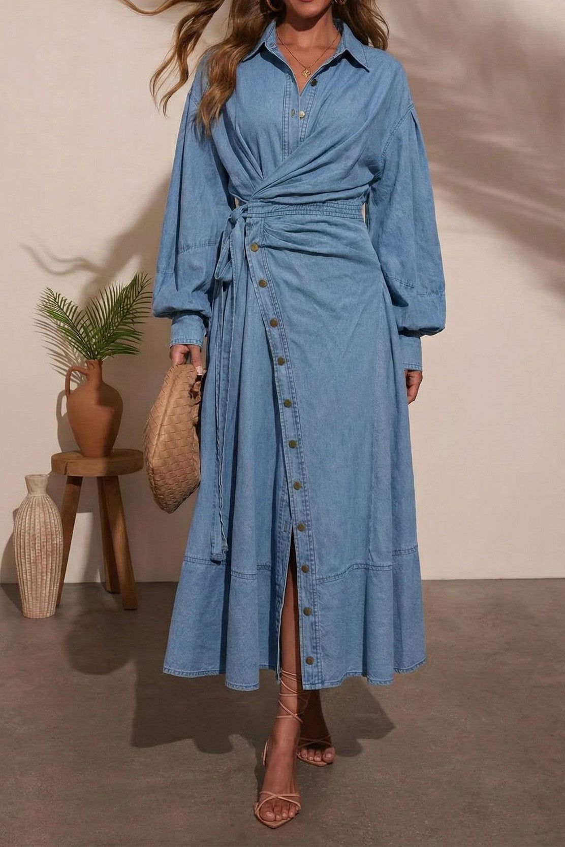 Ruched Asymmetric Button Denim Maxi Lavish Daily