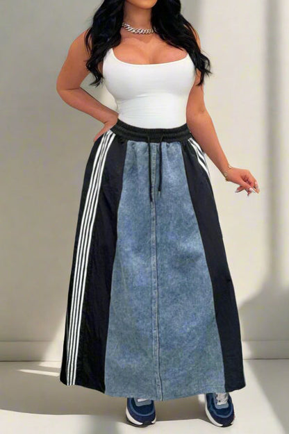 Wide Denim Skirts with Wide Contrast Side Lines Lavish Daily