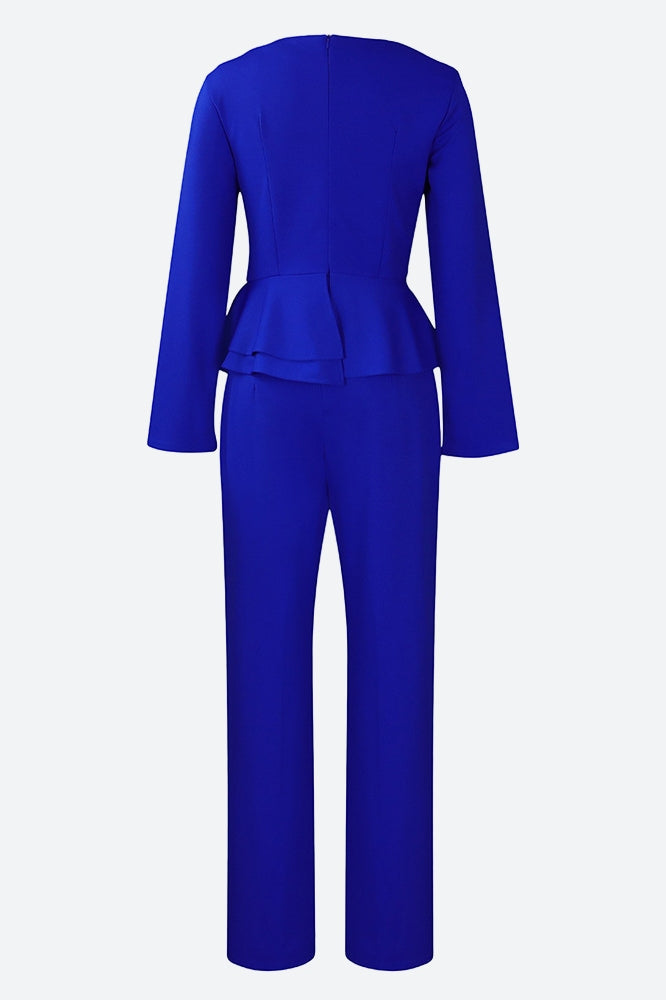 Solid Flounce V Neck Long Sleeve Sets Lavish Daily