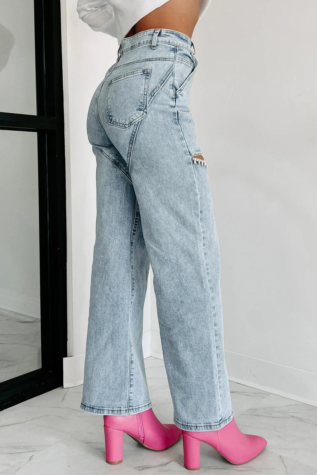 Washed Denim Rhinestone Cutout Jeans Lavish Daily