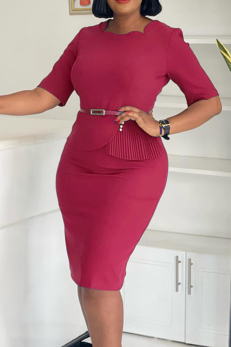 Solid Short Sleeves Knee Length Peplum Dress Lavish Daily