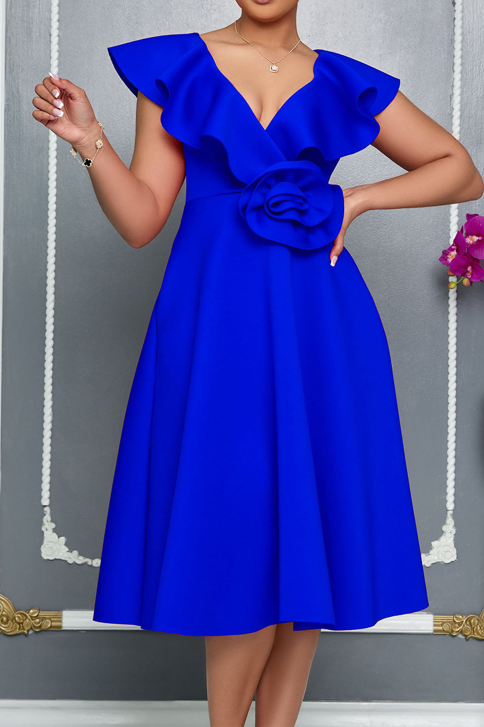 V-Neck Ruffled 3D Flower Detail Flare Midi Dress Lavish Daily