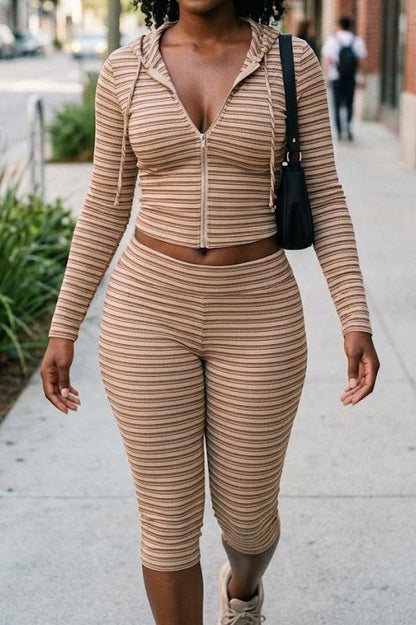 Striped Zip Hoodie & Foldover Capri Pants Set Lavish Daily
