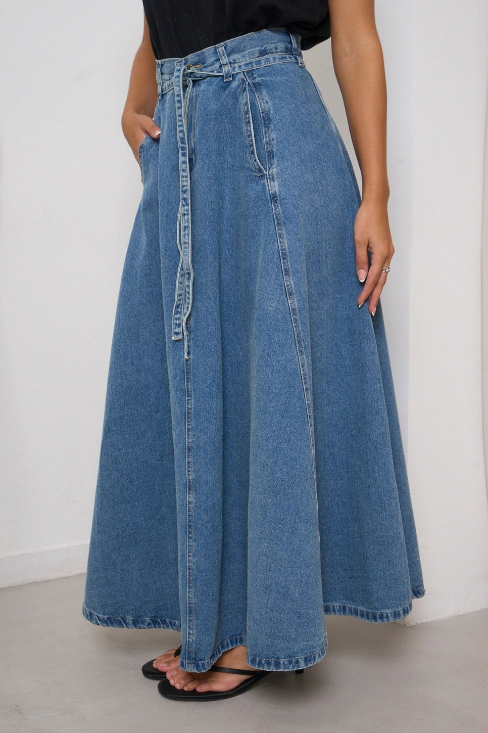 Belted High Waist A-Line Denim Maxi Skirt Lavish Daily
