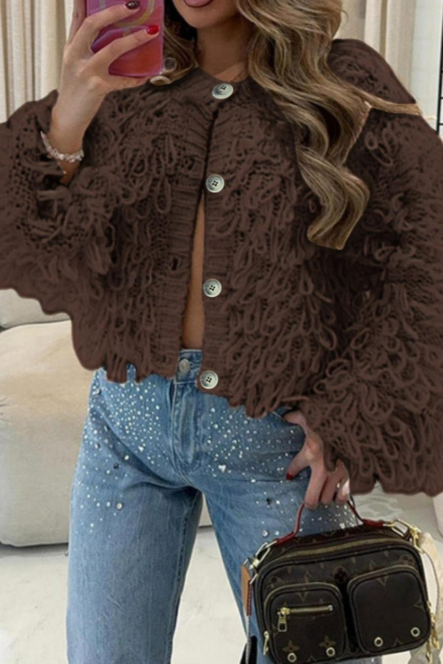 Fringe Button-Up Knitted Cardigan Jacket Lavish Daily
