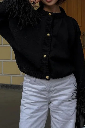 Faux Feather Cuff Button-Up Knit Cardigan Lavish Daily