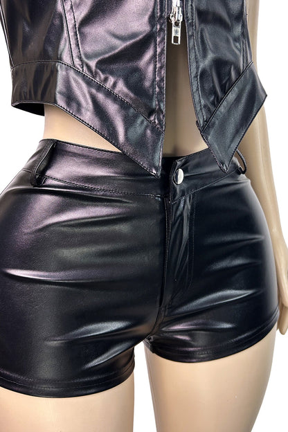 Faux Leather Zip-Up Short Set Lavish Daily