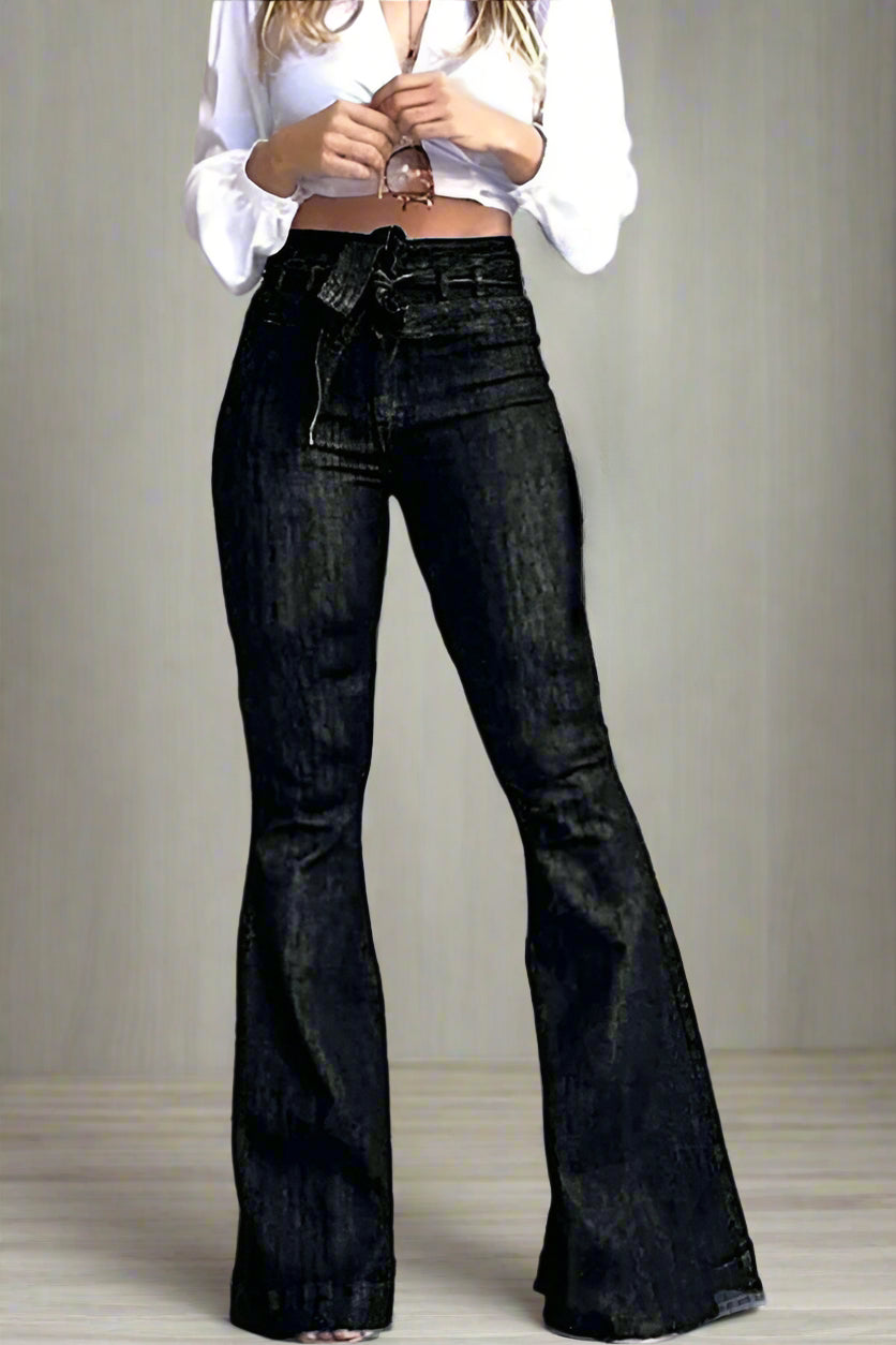 High Rise Tie Waist Flare Wide Leg Jeans Lavish Daily