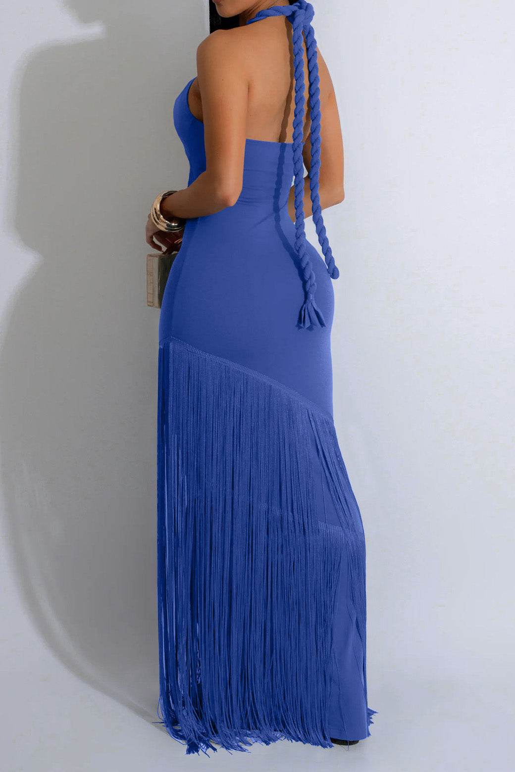Halter Cutout Fringe Maxi Dress Lavish Daily