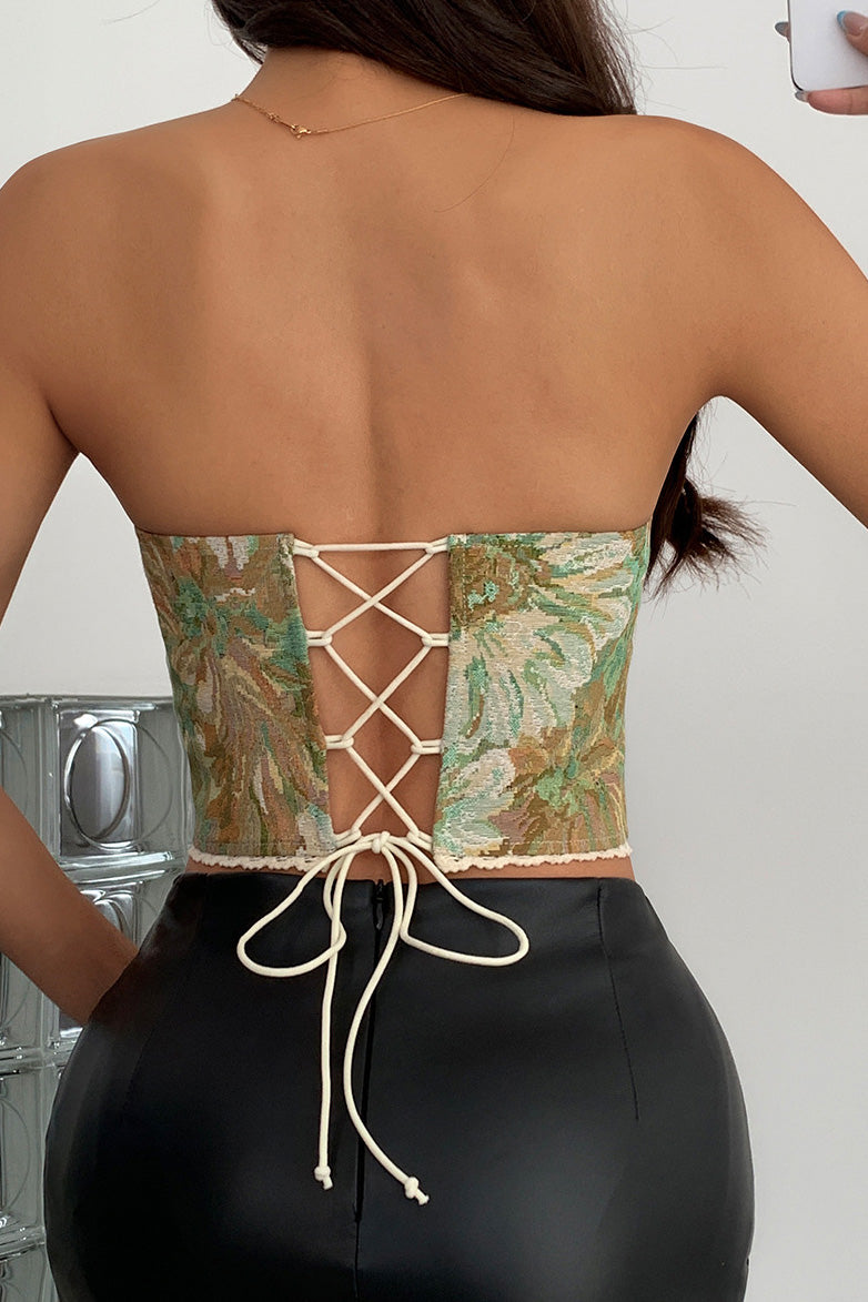 Floral Lace-Up Boned Bustier Tube Top Lavish Daily