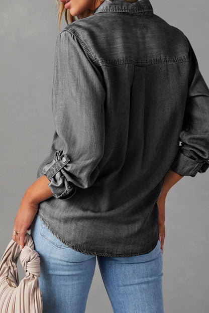 Classic Roll-Tab Sleeve Denim Button-Down Lavish Daily