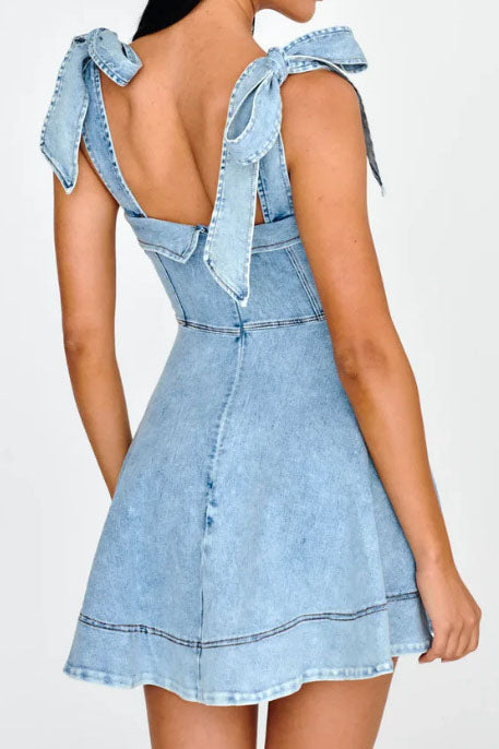 Square Neck Tie Shoulder Denim Dress Lavish Daily