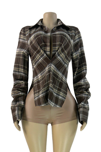 Plaid V-Neck Fold-Sleeve Split Hem Top Lavish Daily
