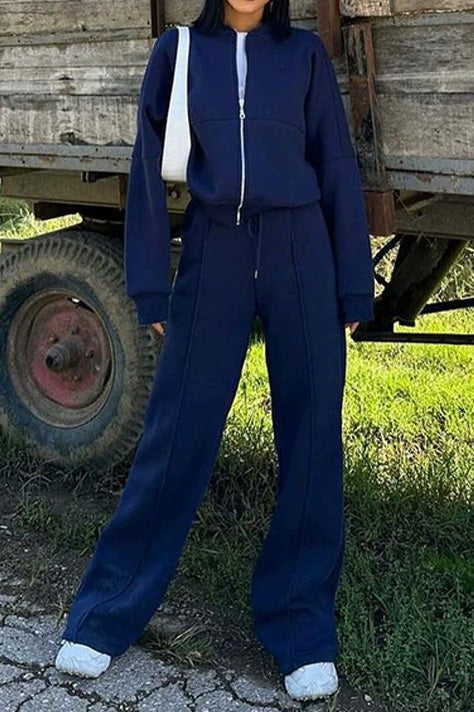 Baseball Collar Full Zip Drawstring Pants Set Lavish Daily