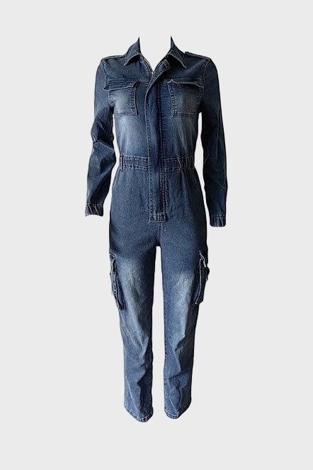Denim Cargo V Neck Long Sleeve Tunic Jumpsuits Lavish Daily