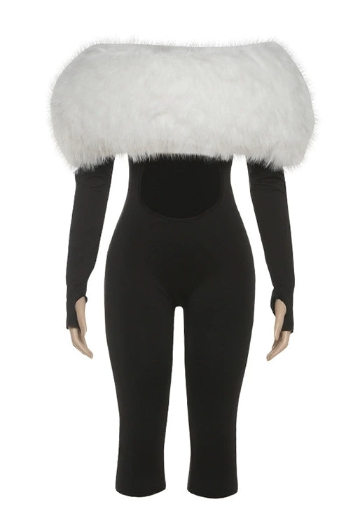 Faux Fur Trim Fitted Crop Jumpsuit Lavish Daily