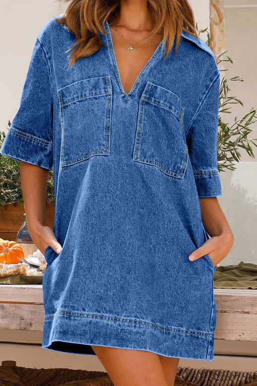 Collared Short Sleeve Loose Denim Dress Lavish Daily