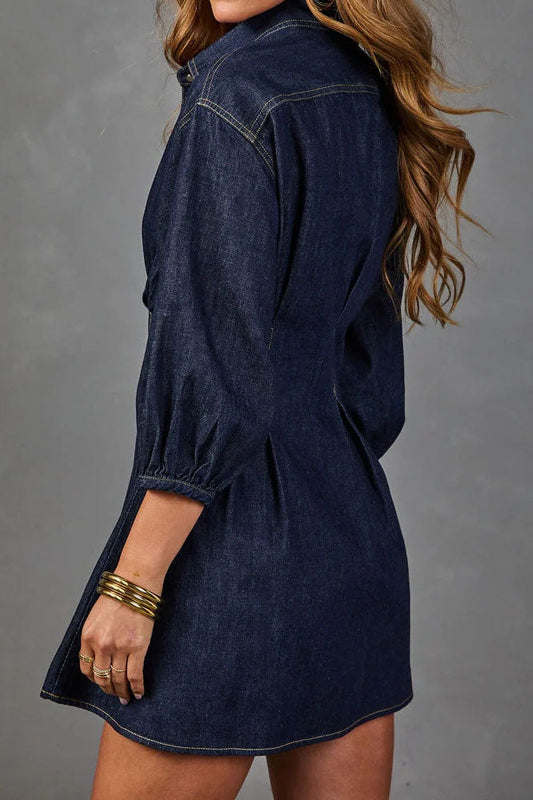 Puff-Sleeve Denim Mini Shirt Dress Lavish Daily