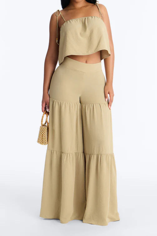 Tie-Strap Crop Top & Tiered Wide Leg Pant Set Lavish Daily
