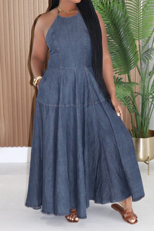 Halter Neck Tiered A-Line Denim Maxi Dress Lavish Daily