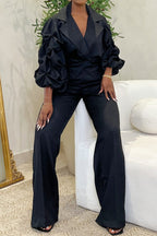Casual Big Collar Ruched Sleeve Top & Pants Set Lavish Daily