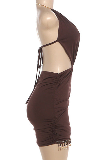 Cutout Halter Beaded Fringe Mini Dress Lavish Daily