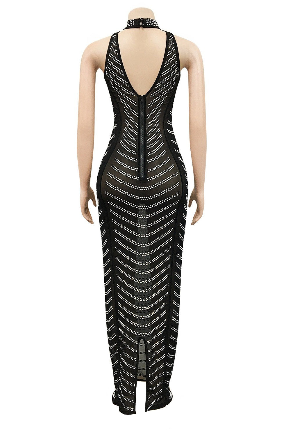 Rhinestone Halter Sheer Maxi Dress Lavish Daily