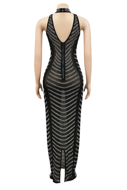 Rhinestone Halter Sheer Maxi Dress Lavish Daily