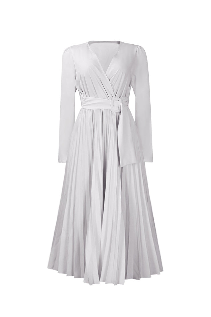V Neck Long Sleeve Pleated Midi Dress Lavish Daily