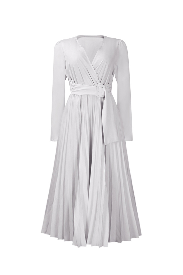 V Neck Long Sleeve Pleated Midi Dress Lavish Daily