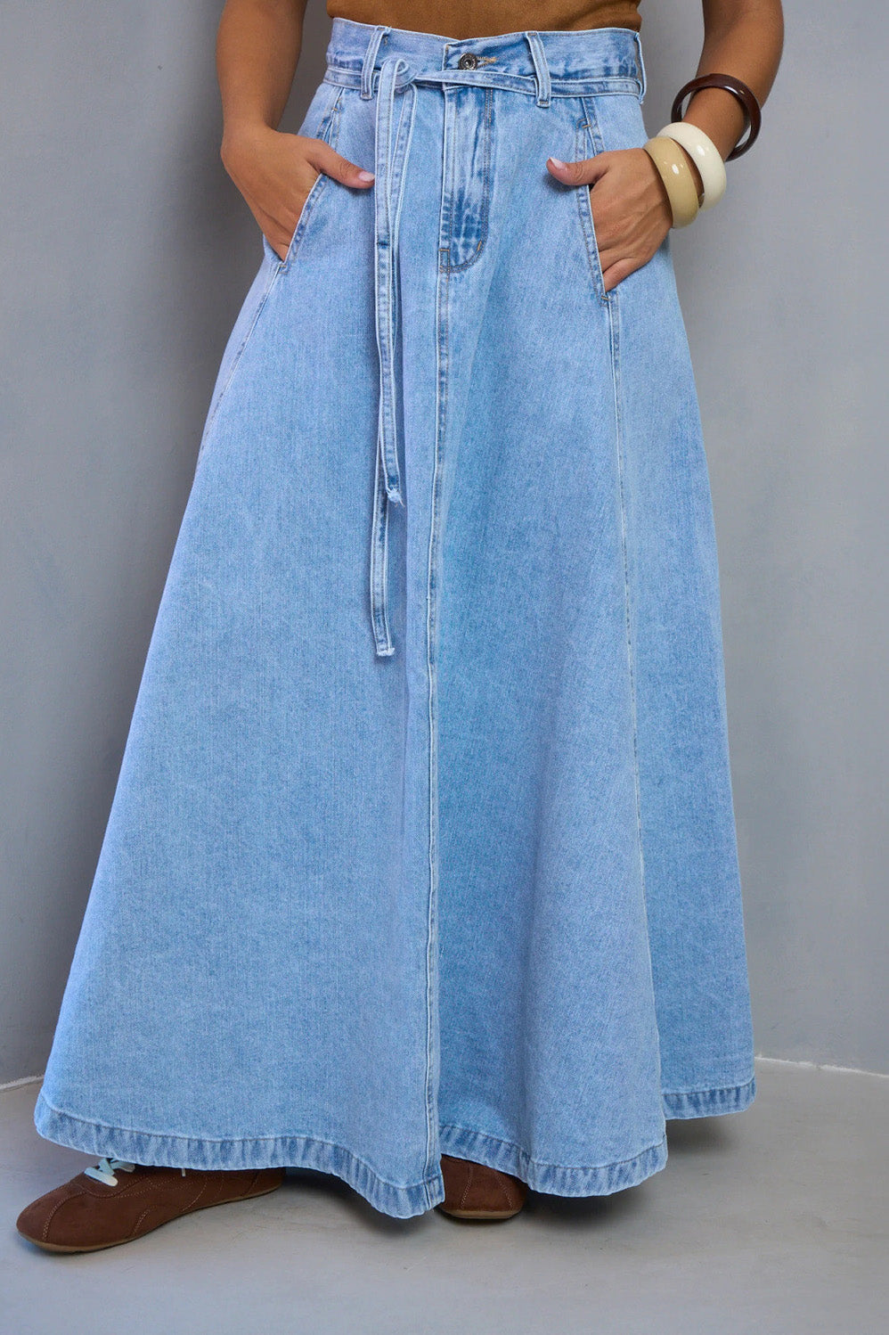 Belted High Waist A-Line Denim Maxi Skirt Lavish Daily