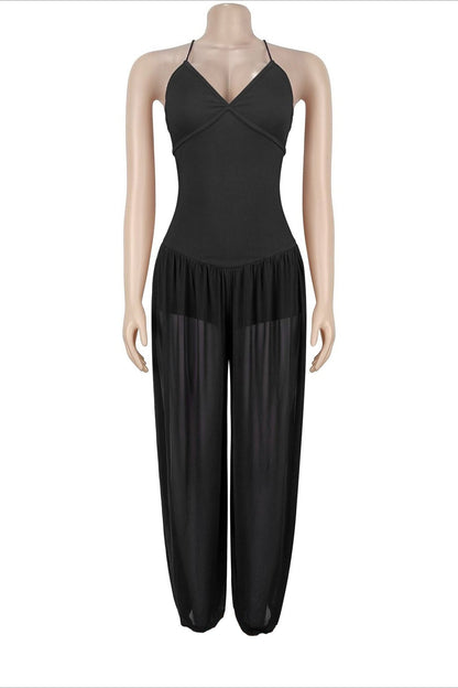 Sheer Lace-Up Wide Leg Jumpsuit Lavish Daily