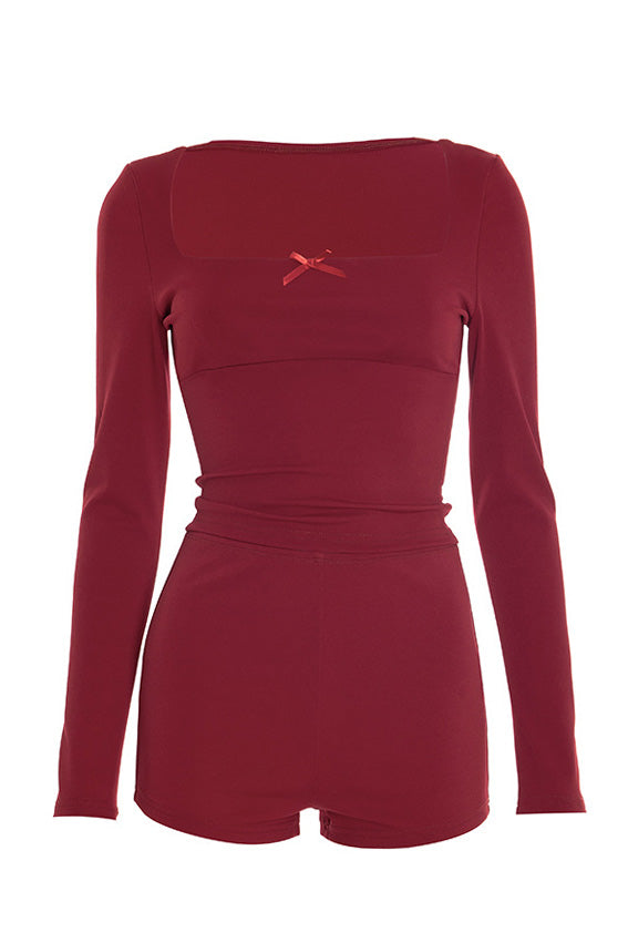 Square Neck Bow Long Sleeve Top & Shorts Set Lavish Daily