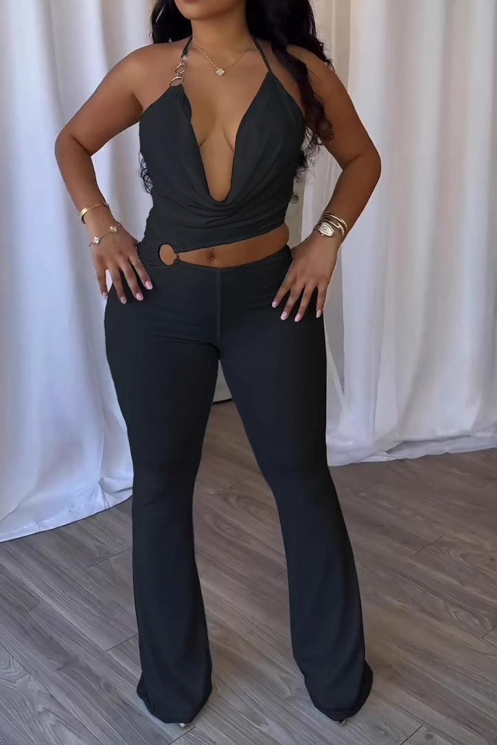 Elegant Ring Cutout Halter Tie Jumpsuit Lavish Daily