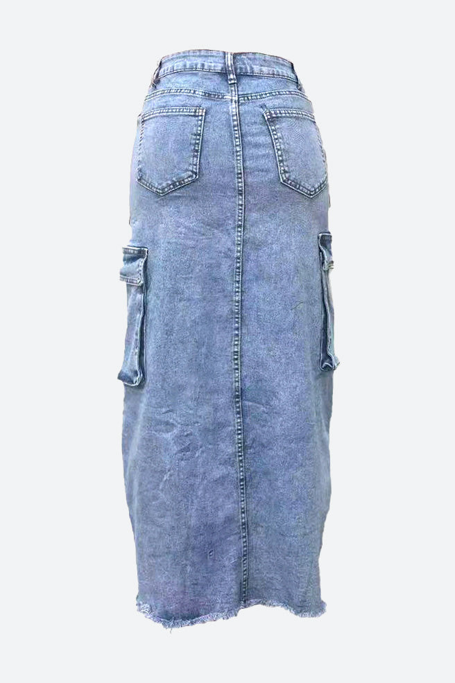 Slit Ripped Pocket Cargo Denim Skirt Lavish Daily