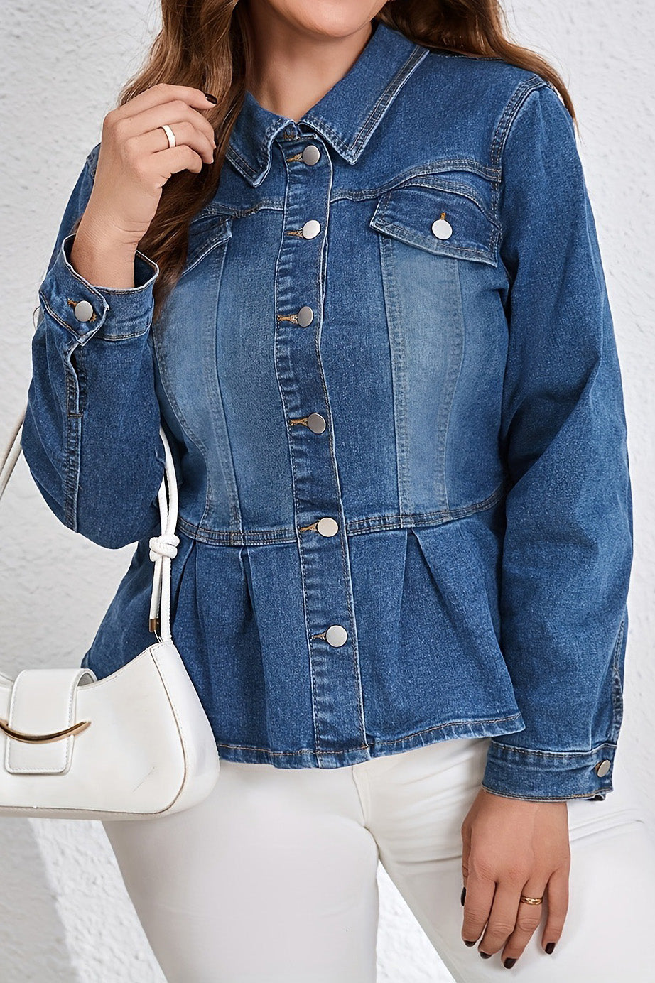 Peplum Hem Slim Fit Button-Down Denim Jacket Lavish Daily