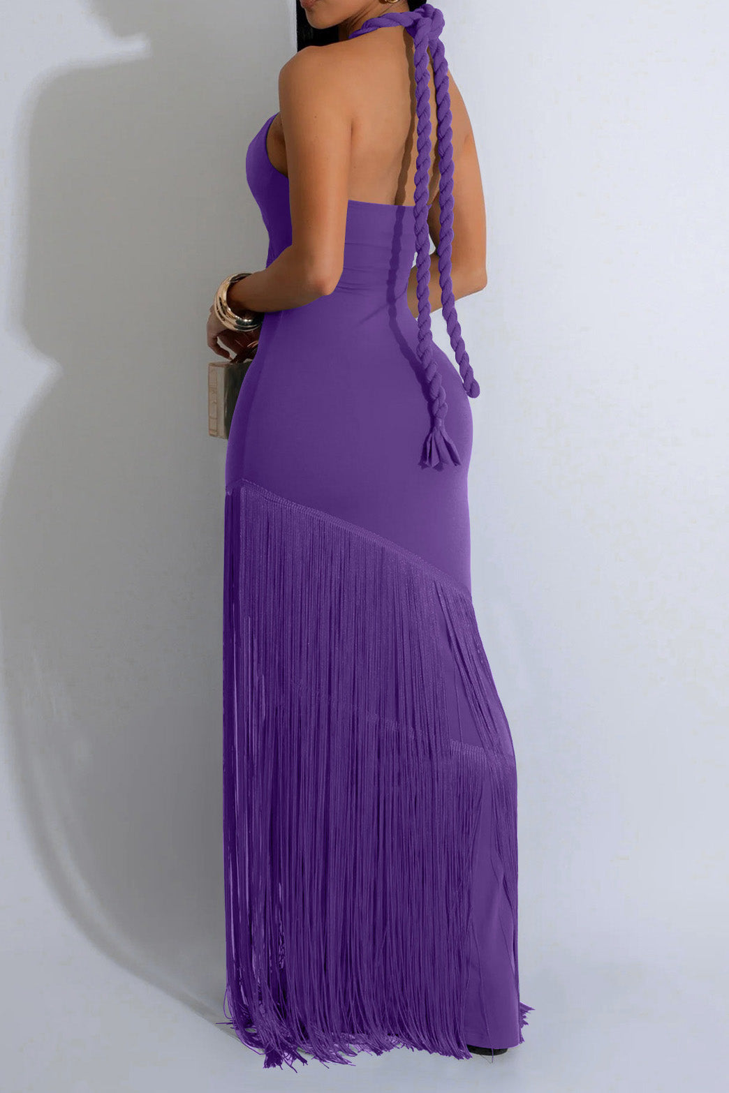 Halter Cutout Fringe Maxi Dress Lavish Daily