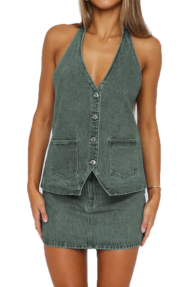 Buttoned Halter Neck Denim Long Top Lavish Daily