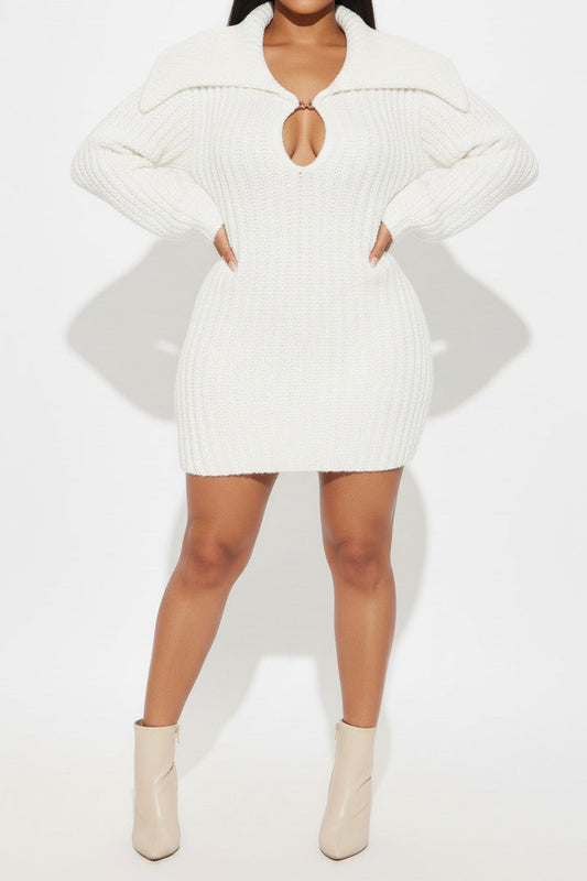 Fold Over Collar Lantern Sleeve Knit Dress Lavish Daily