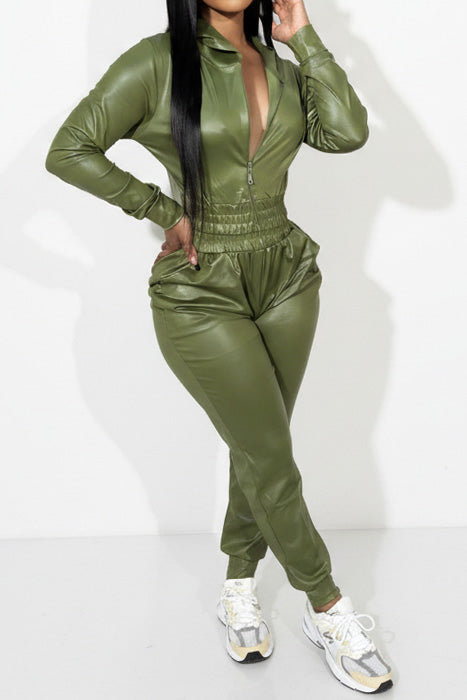 Hooded Faux-Leather Jacket & Jogger Set Lavish Daily