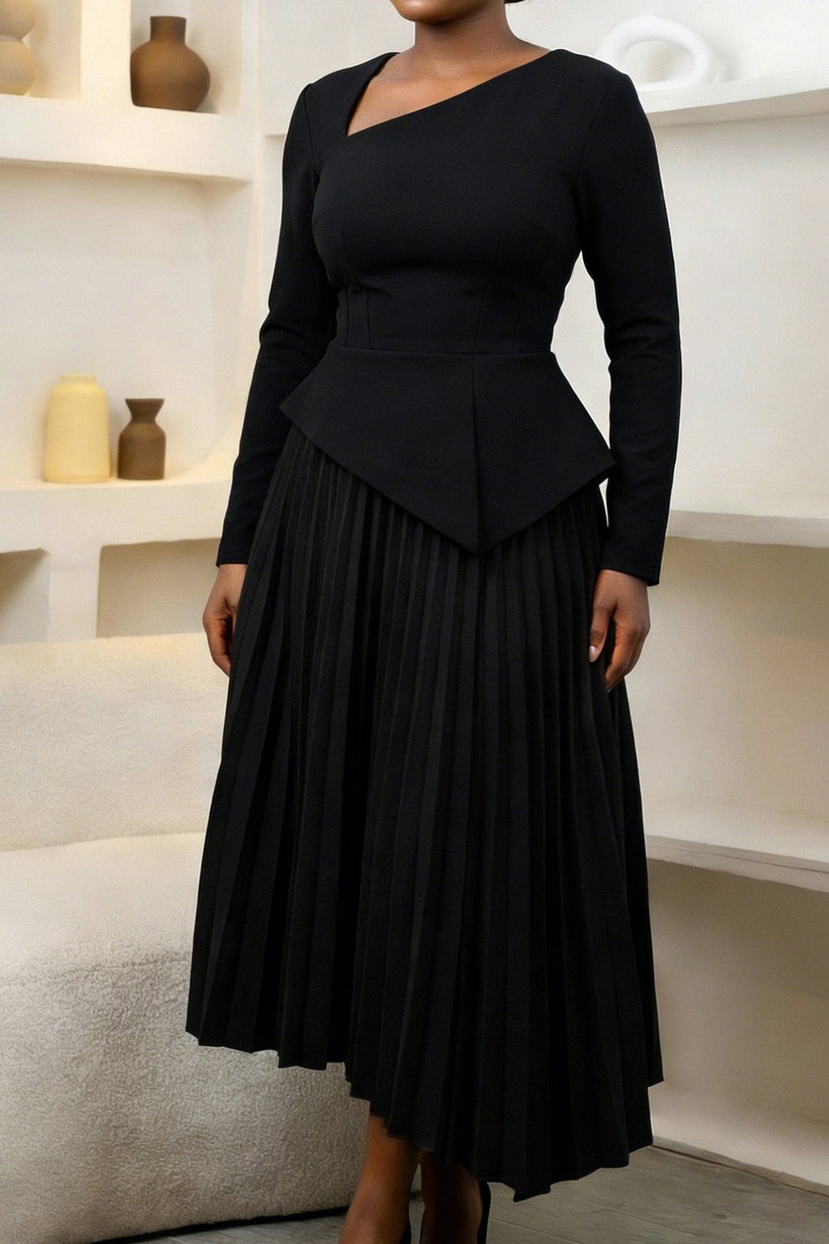 Asymmetric Hem Pleated Midi Dress Lavish Daily