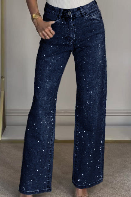 Wide-Leg High-Waist Rhinestone Jeans Lavish Daily