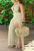 Halter Irregular Slit Jumpsuit Lavish Daily