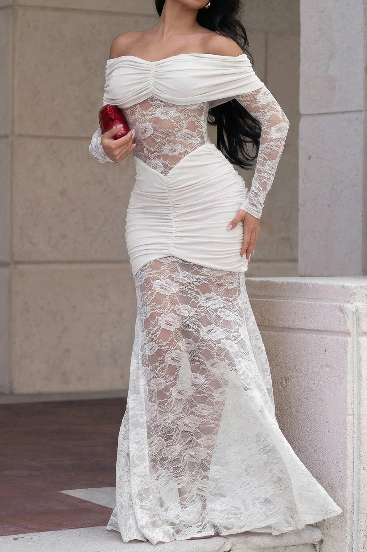 Off-Shoulder Ruched Lace Maxi Dress Lavish Daily
