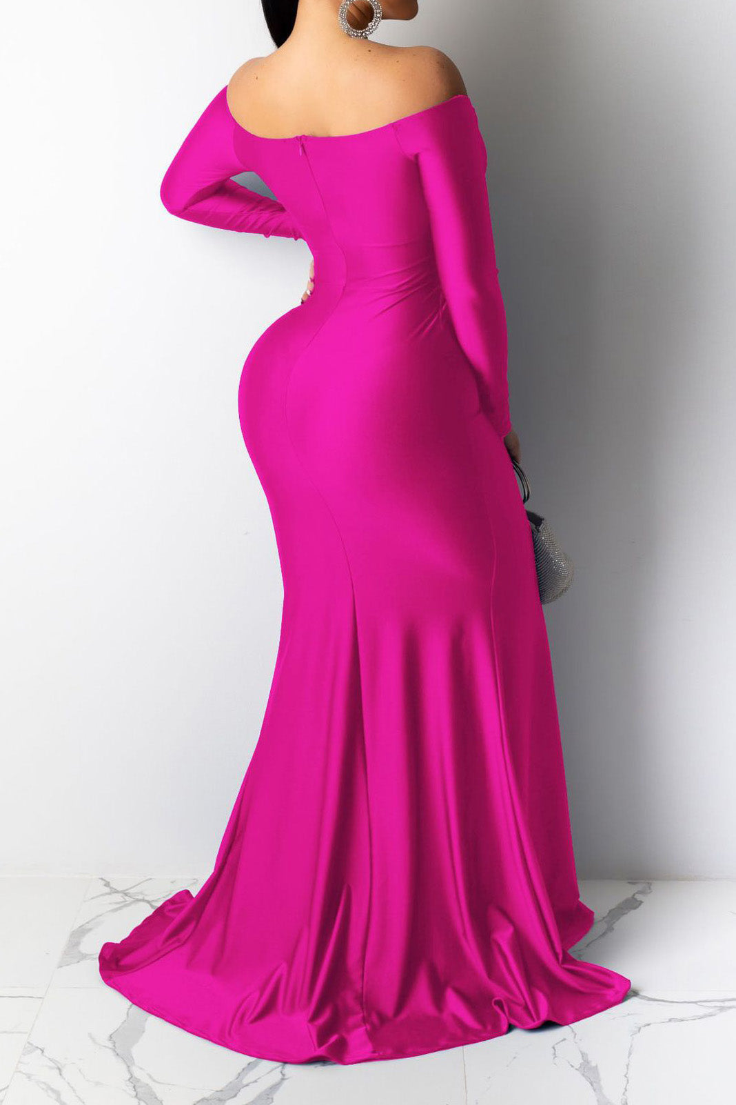 Off-Shoulder Long Sleeve Sweep Train Dress LavishDaily