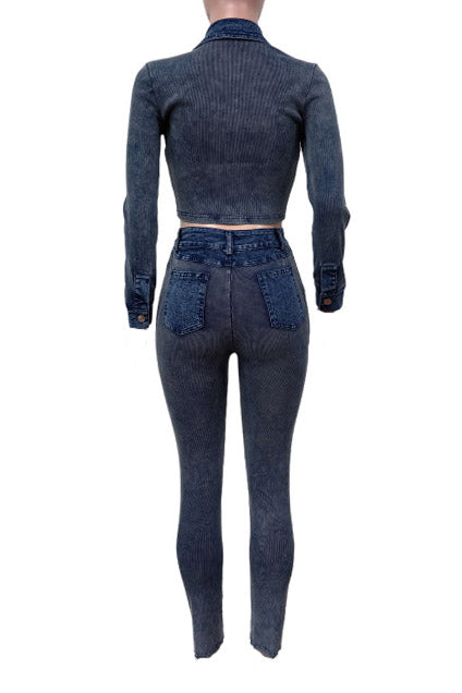 Ribbed Stretch Denim Two Piece Set Lavish Daily