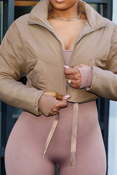 Solid Zip-Up Fitted Cotton Puffer Jacket Lavish Daily