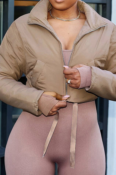 Solid Zip-Up Fitted Cotton Puffer Jacket Lavish Daily